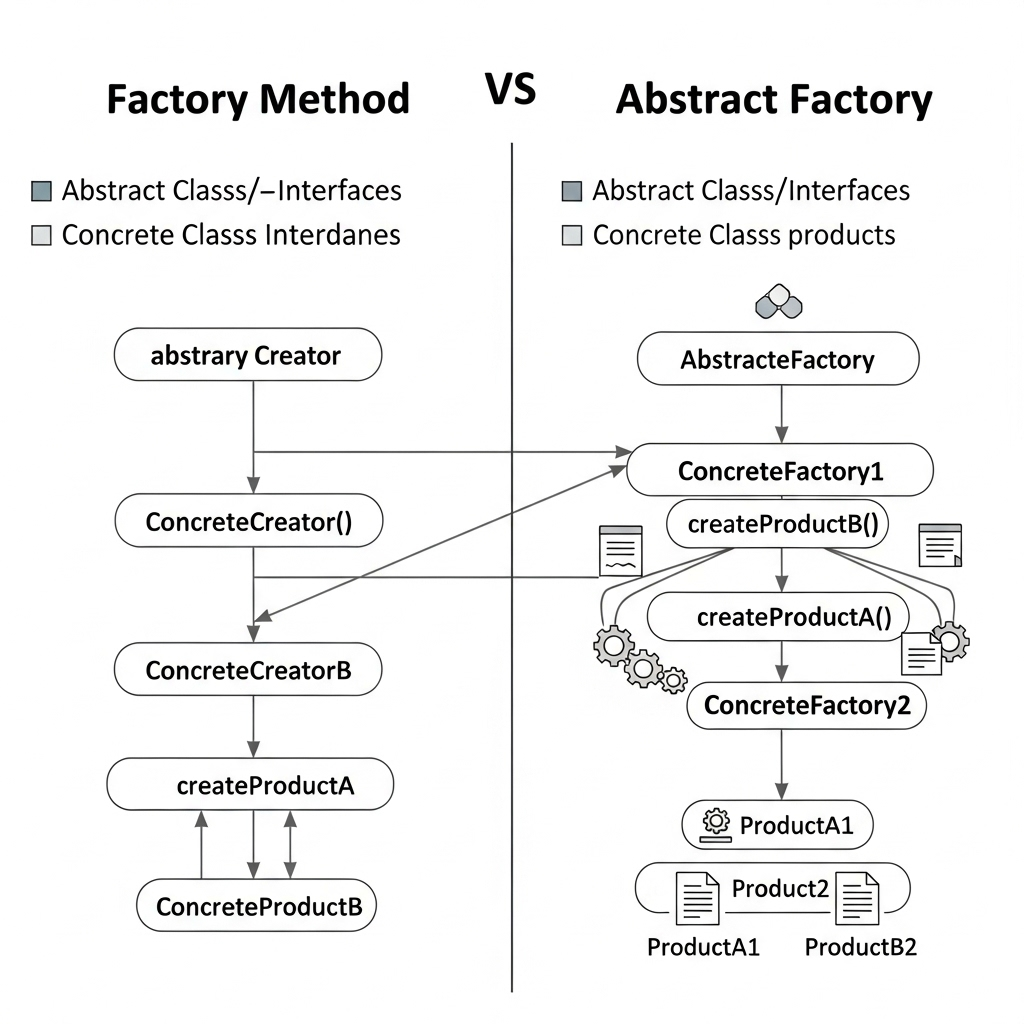 Factory Method ve Abstract Factory desenlerini karşılaştıran bir görsel